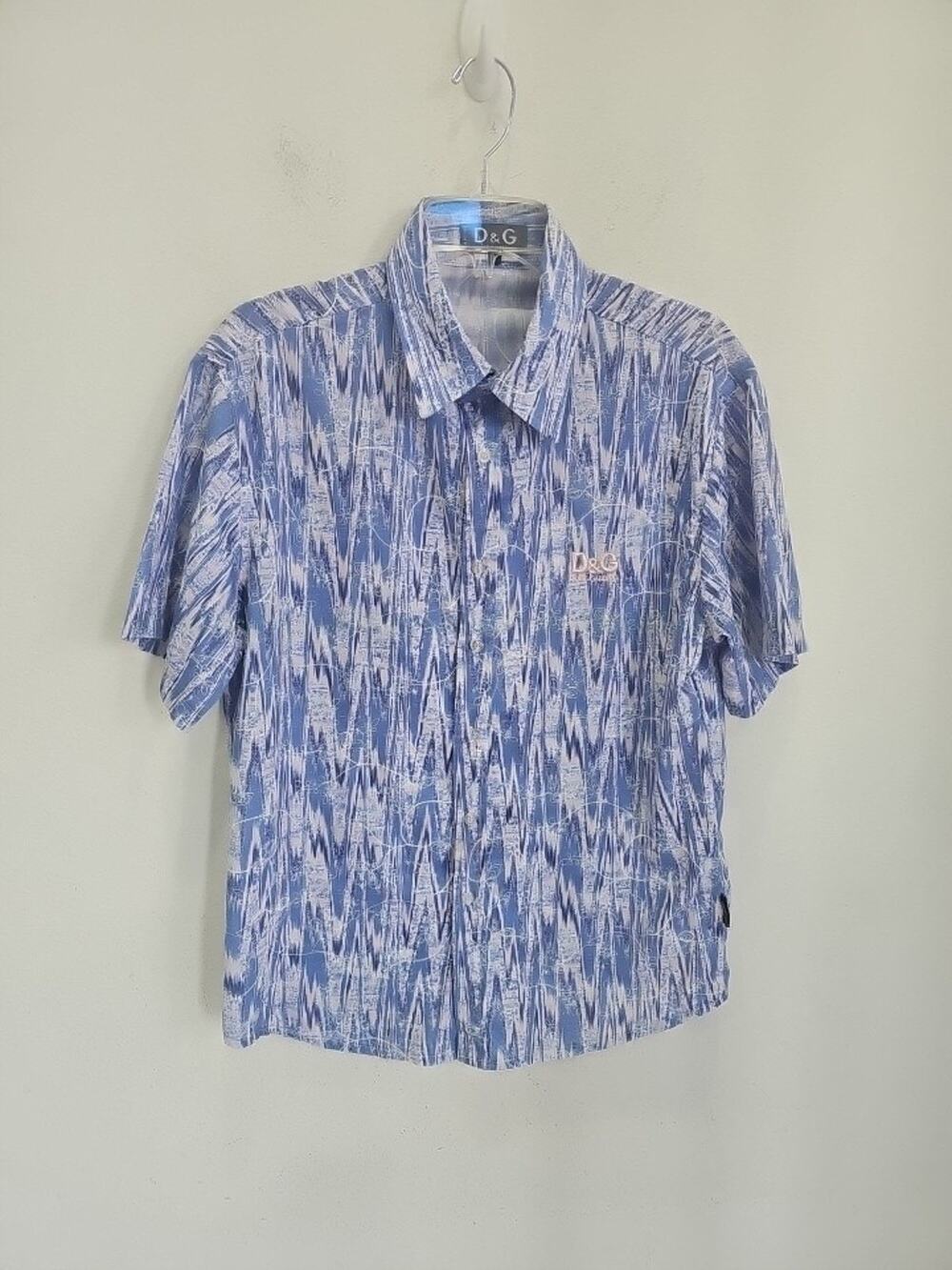Dolce & Gabbana Shirt Size L Blue White Abstract Pattern Short Sleeve Italy